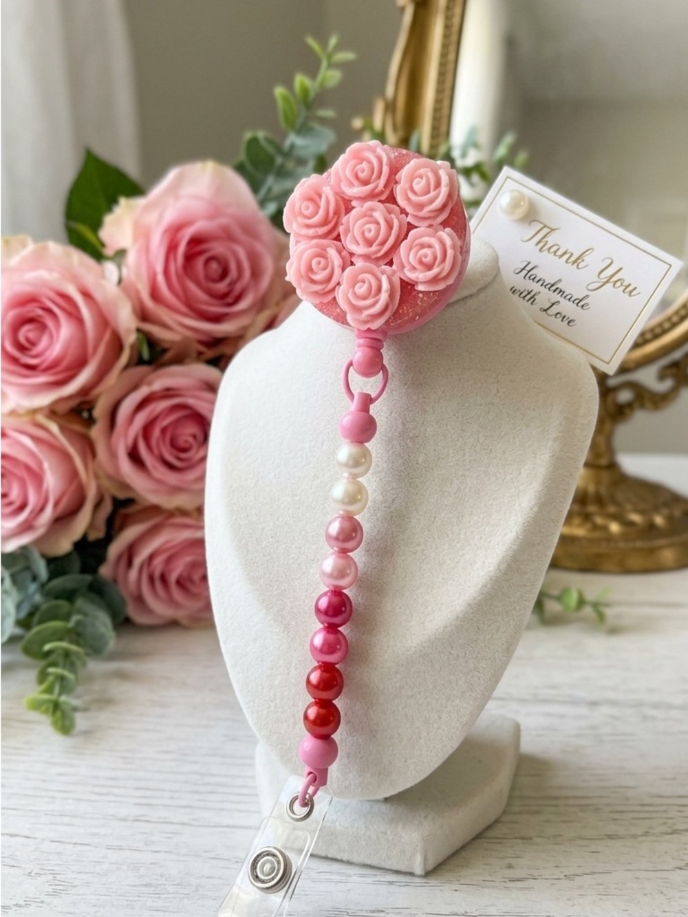 Handmade Pink Rose Beaded Key & Card Holder